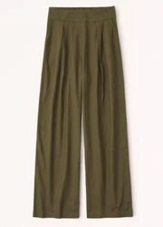 Abercrombie Linen Blend Ultra Wide Leg High Rise Pull On Pants Olive Green