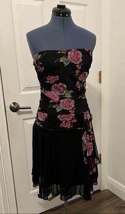 Strapless black and pink floral cocktail dress