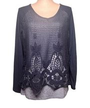 Democracy Size Medium Blue Layered Lace Long Sleeve Top Baseball Ringer Tee