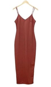 Akira Stretch Chestnut Vegan Leather Midi Bodycon Slip Dress Women’s Size Medium