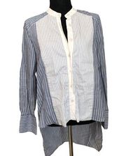 BCBGMaxazria pinstripe blue white colorblock hi low mandarin button down LS top