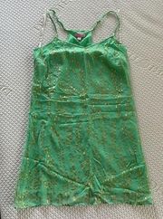 Lilly Pulitzer Dusk Silk Slip Dress Green &‎ Metallic Gold Accents Size XS