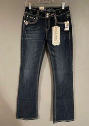 L.A Idol Dark Wash Flower Design Bling Bootcut Jeans Size 7 (30) NWT