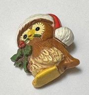 Hallmark Cards Christmas Brown Owl In Santa Hat With Holly Holiday Brooch Pin