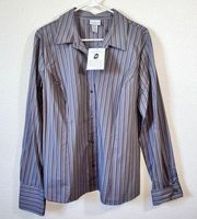 NWT Jaclyn Smith Gray Metallic Striped Button Up Shirt Women's Size XL