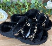 Wild Pair Paiyge Fuzzy Faux Fur Black Chain/Charms Slippers Slides 7 M NEW goth