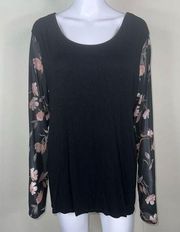 White Birch Black Top with Sheer Floral Sleeves and Cross Back