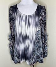 One World Top Blouse 1X Black White Tie Dye Ruffle Round Neck Pullover Cutout