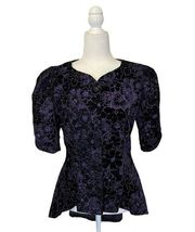 Leslie Fay Black Velvet Purple Sparkly Floral Button Up Blouse 10