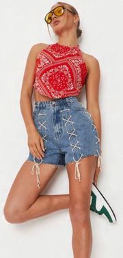 blue lace up denim shorts