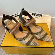 FENDI Colibri Raffia Slingback Kitten Heels in Olive Green size 38 / 8