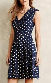 Anthropologie Maeve Ophira Faux Wrap Fit & Flare Blue and Gold Dot Dress Small