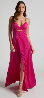 Fuschia/Pink V-neck cut out cross back satin dress