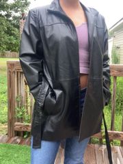 black genuine leather jacket up with a tie trench coat
