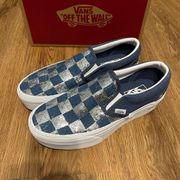 Vans  checkerboard blue denim sequin platform slip on shoes sneakers women’s 8