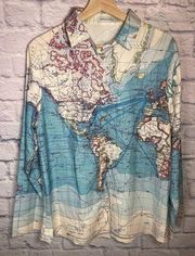 Misslook Linen World Map Globe Shirt Women’s Size XLarge 1138506#