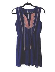 Buckle  Navy Blue Embroidered Sleeveless Mini Dress