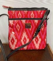 Maude Asbury Crossbody Purse Bag Laminated Fabric Ikat Print Red Pink Black