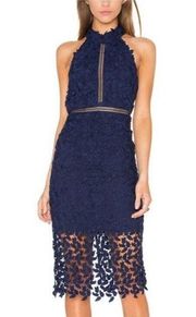 Bardot Gemma Collar Lace Sleeveless Navy Blue Midi Dress