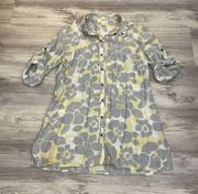 Pale Yellow Gray & White Floral Print Button Down Roll Up Sleeve