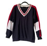 Missguided Navy Red White USA Terrycloth V-Neck Sweater Pullover size 6 Small