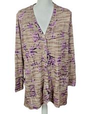 Logo Lori Goldstein Cardigan Size 1X Floral Purple Brown Lagenlook Comfy Sweater