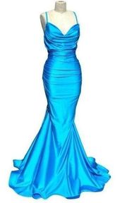 Jessica Angel Lace Up Ruched Back Cowl Neck Gown Turquoise Blue Size Small NWT