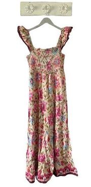 House of Harlow Smocked Cotton Floral Maxi Dress Zoey Khaki NEW