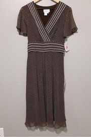 Adrianna Papell 100% Silk Midi Dress Brown Polka Dot Size 16