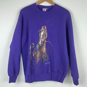 Vintage 90's Jerzees Handpainted Sparkly Horse Purple Crewneck Pullover‎ Large