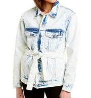 NWT  Acid Wash Tie-Dye Denim Jean Jacket Blue White Belted Oversized sz M