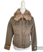 Lucky Brand Canvas Faux Fur Collar Utility Trucker Jacket Small