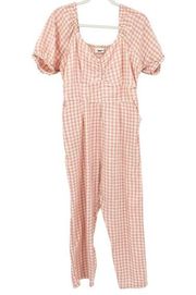 Jessica Simpson Womens Gingham Plaid Cotton Blend Prairie Jumpsuit Pink Cream