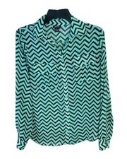 Light Mint Blue Green & Black Zig Zag Sheer Blouse Wm S