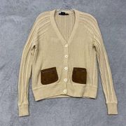 Ralph Lauren Sweater Womens L Cardigan Beige Button Linen Cotton Pockets V Neck