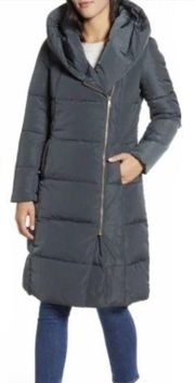 Cole Haan Hooded Asymmetric Zip Down Feather Puffer Coat Jacket Graphite Gray