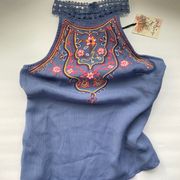 NWT About A Girl embroidered boho halter tank, size XS