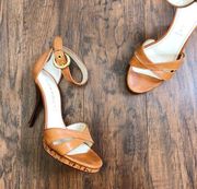 CASADEI • platform stiletto sandals heels cognac brown leather cross ankle strap