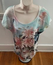 Maternity Floral Green, White and Pink Lined Blouse, size L Made in USA