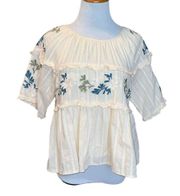 LISTICLE BEIGE BOHO RUFFLE FLORAL TIERED SHORT SLEEVE EMBROIDERED PEASANT BLOUSE