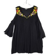 Jodifl Women's Black Embroidered Floral Cold Shoulder Tunic Size Large LG V Neck