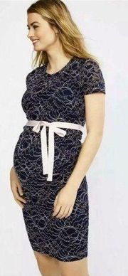 Motherhood Maternity Women's M Midi Gender Reveal Dress Navy Light Pink Lace