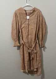 NWT Ulla Johnson Fiora Shirt Dress in Stripe Fawn Color Tie waist Casual Sz 0