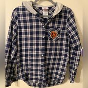 Womens Juniors Chicago Bears Plaid Blue Gray Hooded Button Up Shirt Size Medium