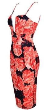 Shareen Collection V Neck Black and Orange Floral Print Dress