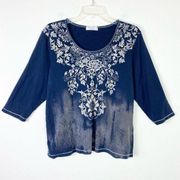 Dressbarn Navy & Beige Floral Rhinestone Embellished 3/4 Sleeve Tshirt Size 2X