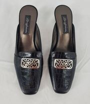 New Brighton Steph Black Loafer Slip Leather Croc Buckle Floral Detail Sz 6M