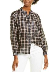 La Vie Rebecca Taylor Metallic Plaid Button Up Top Black Pink Long Sleeve Size M