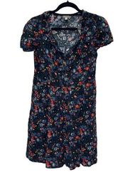 Floral Mini Dress Women's Medium Puff Sleeve Ruffle V-Neck Unlined