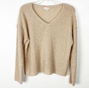 GARNET HILL Metallic Gold Sequin Alpaca Wool Blend V-Neck Sweater, Size Medium